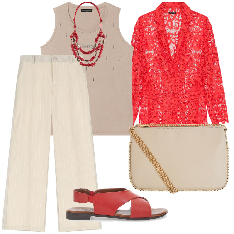 Outfit donna - Festa in campeggio. per Serata fuori. Abbinamento con borse a tracolla, pantaloni, canottiere, blazer, sandali, collane.