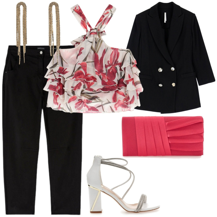 Outfit donna - Cerimonia ad agosto. per Serata fuori. Abbinamento con orecchini, canottiere, blazer, pantaloni, pochette, sandali col tacco.