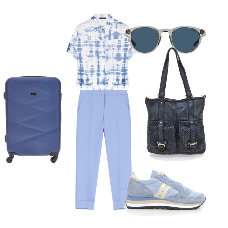 Outfit donna - In vacanza. Stile Casual per Sport. Abbinamento con pantaloni, occhiali da sole, camicie, borse a spalla, valigie, sneakers.