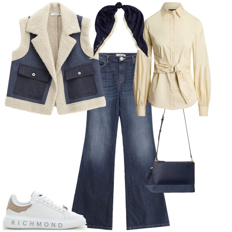 Outfit donna - Total look #2226974. Stile Trendy per Tutti i giorni. Abbinamento con gilet, jeans a zampa, borse a tracolla, camicie, foulard, sneakers.