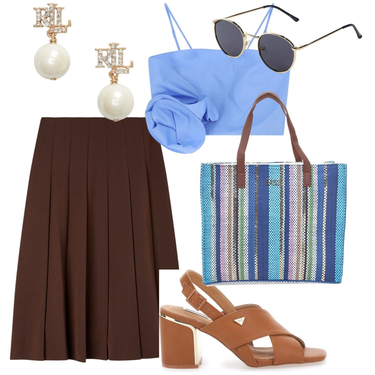 Outfit donna - Pranzo fuori. per Tutti i giorni. Abbinamento con occhiali da sole, gonne lunghe, top, orecchini, sandali col tacco, shopping bag.