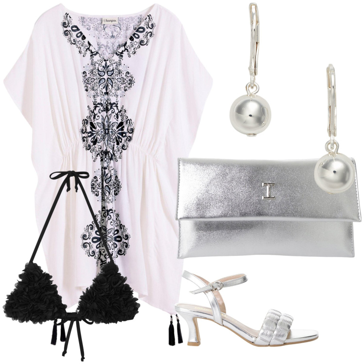 Outfit donna - Serata caftano e perle. Stile Etnico per Mare. Abbinamento con vestiti da spiaggia, bikini, sandali col tacco, pochette, orecchini.