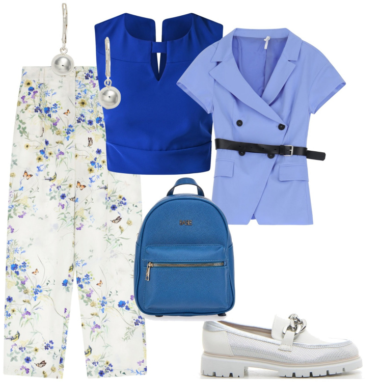 Outfit donna - Lunghe passeggiate. per Mare. Abbinamento con top, pantaloni, blazer, orecchini, mocassini, zaini.