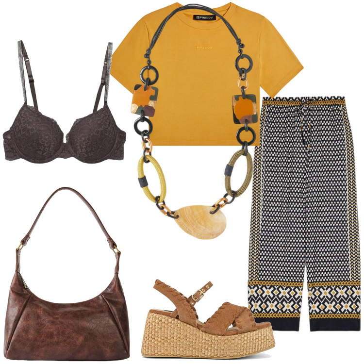 Outfit donna - Total look giorno. Stile Etnico per Tutti i giorni. Abbinamento con borse a mano, reggiseni a balconcino, t-shirt, zeppe, pantaloni, collane.
