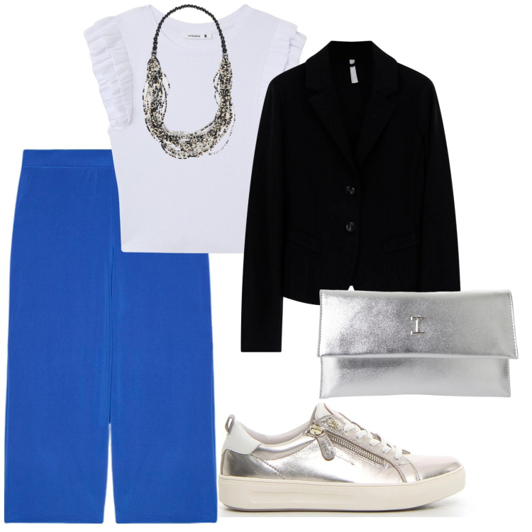 Outfit donna - Estate in montagna. per Serata fuori. Abbinamento con t-shirt, blazer, pochette, pantaloni, collane, sneakers.