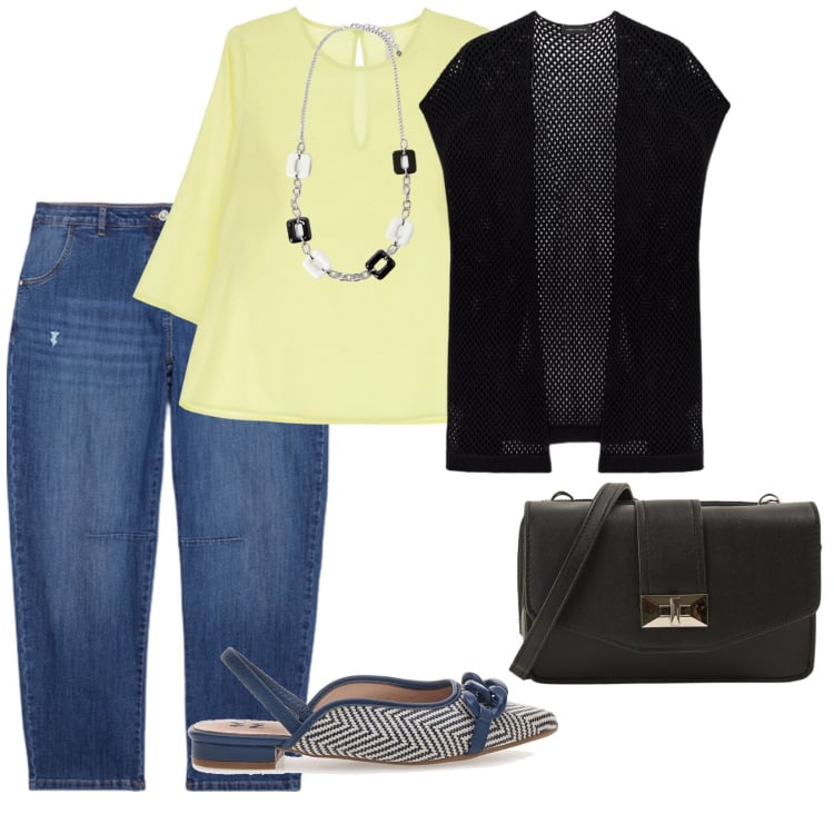 Outfit donna - Jeans e nero. per Tutti i giorni. Abbinamento con borse a tracolla, bluse, jeans strappati, ballerine, cardigans, collane.