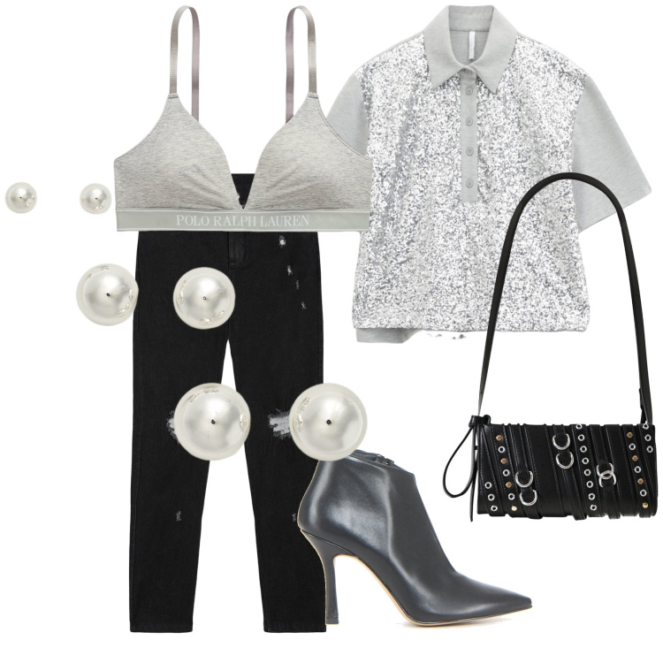 Outfit donna - T-shirt jeans ed è subito sera. Stile Sporty chic per Serata fuori. Abbinamento con borse a spalla, polo, jeans skinny, reggiseni, orecchini, sandali col tacco.