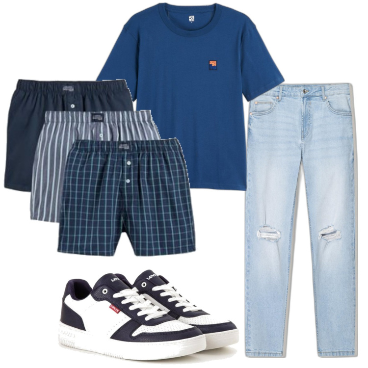 Outfit hombre - Casual look. Estilo Casual para Todos los días. Combinación con sneakers, vaqueros pitillo, camiseta, pantalones.