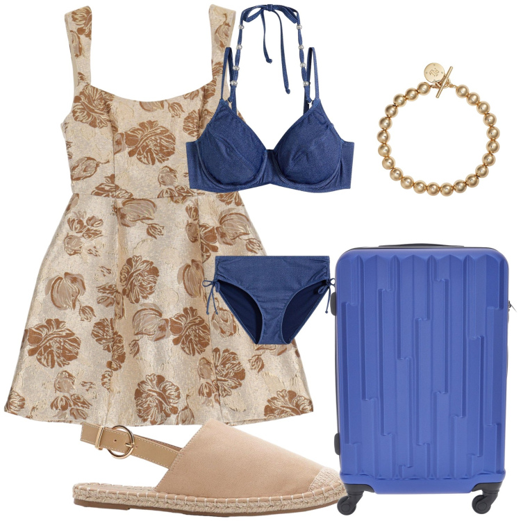 Outfit donna - Vamos a la playa. Stile Bon Ton per Mare. Abbinamento con espadrillas, bikini, vestiti corti, braccialetti, valigie.
