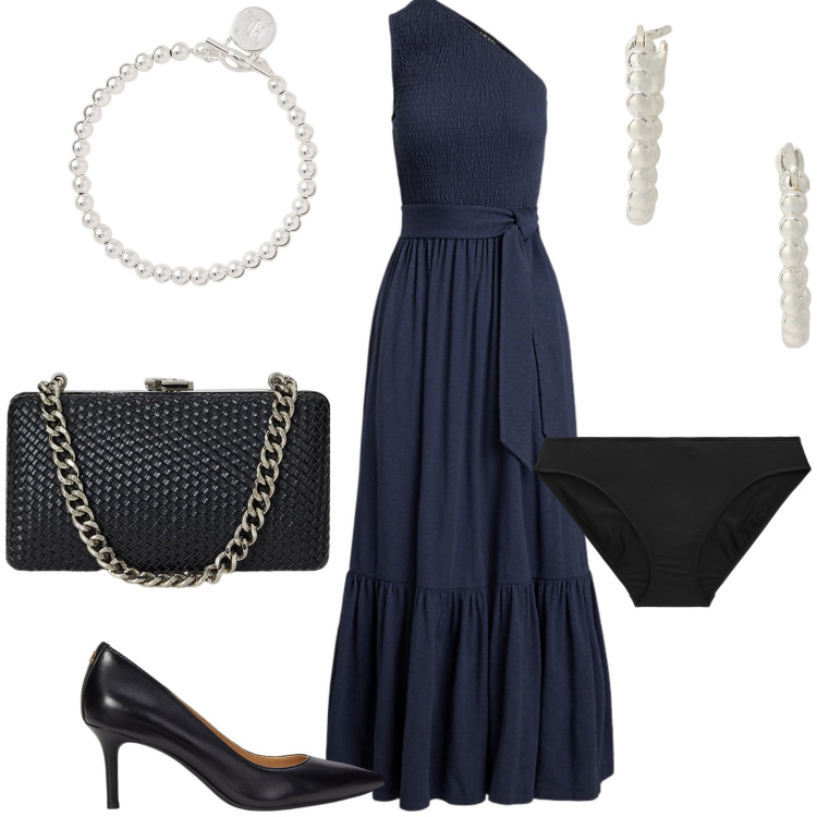Outfit donna - Non serve altro. Stile Chic per Serata fuori. Abbinamento con vestiti asimmetrici, culotte, orecchini, braccialetti, clutch, décolleté.