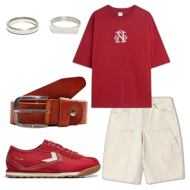 Outfit hombre - Sevilla de Agosto. Estilo Urban para Todos los días. Combinación con sneakers, anillos, cinturones, camiseta, bermudas.