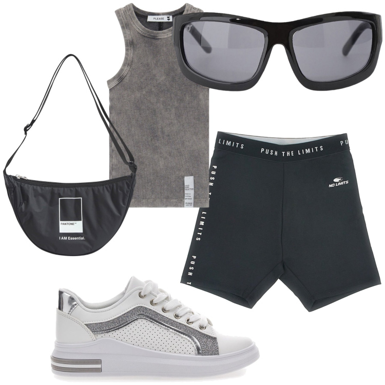 Outfit donna - Al mattino presto. Stile Basic per Sport. Abbinamento con marsupi, canottiere, occhiali da sole, sneakers, pantaloni corti.