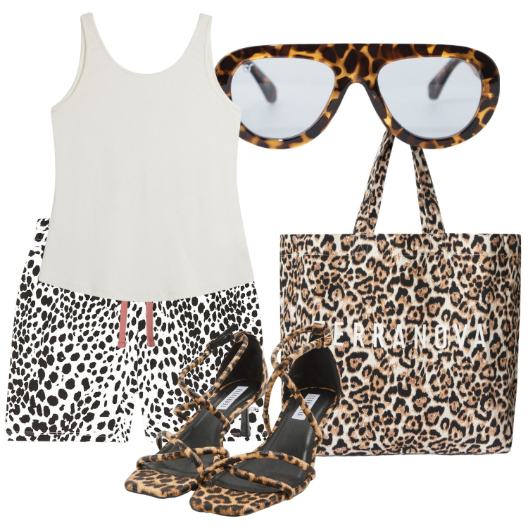 Outfit donna - Animalier forever. Stile Trendy per Tutti i giorni. Abbinamento con sandali col tacco, borse tote, occhiali da sole, pantaloni corti, top.