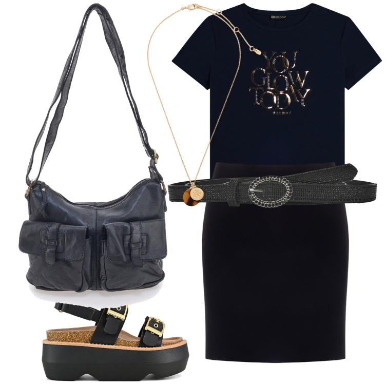 Outfit donna - La mia città d agosto. Stile Trendy per Tutti i giorni. Abbinamento con cinture, minigonne, t-shirt, collane, sandali col tacco, borse a tracolla.
