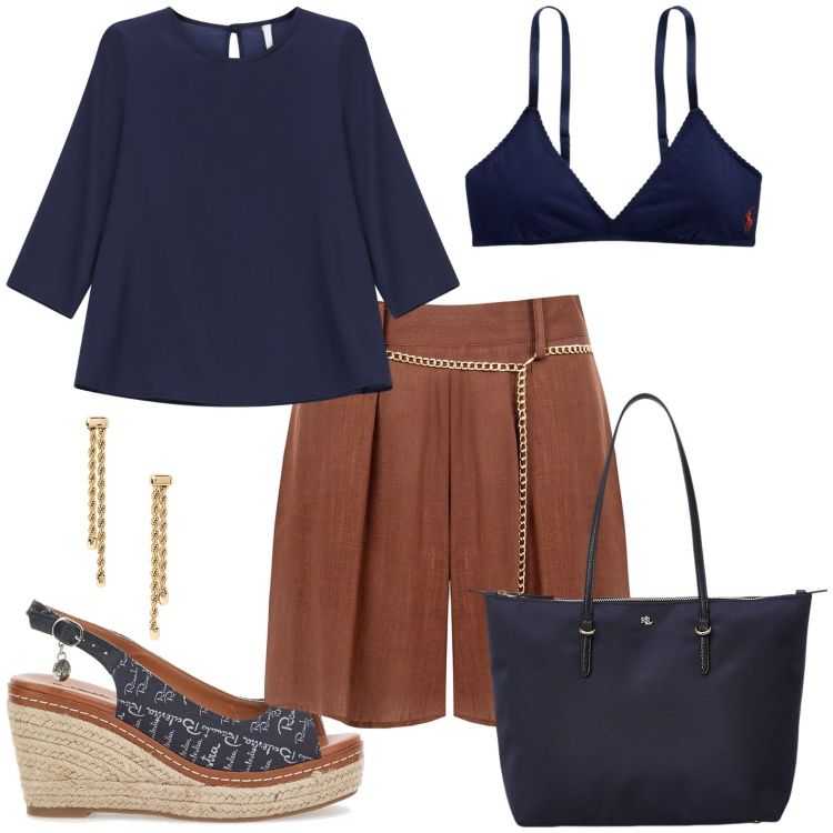 Outfit donna - Total look #2227017. Stile Casual chic per Serata fuori. Abbinamento con shorts, bluse, borse tote, reggiseni, orecchini, espadrillas.