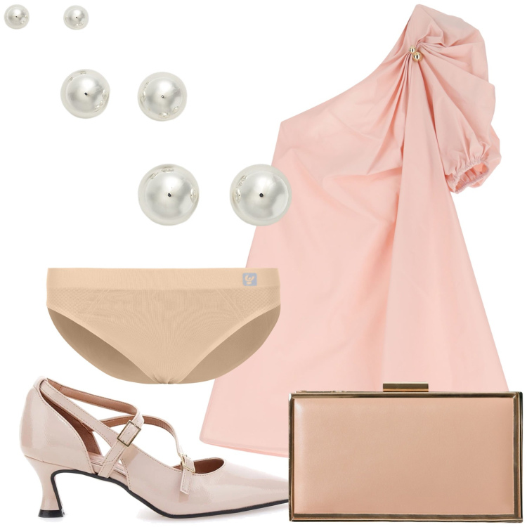 Outfit donna - Cerimonia mono spalla. Stile Chic per Cerimonia. Abbinamento con pochette, vestiti corti, culotte, orecchini, décolleté.