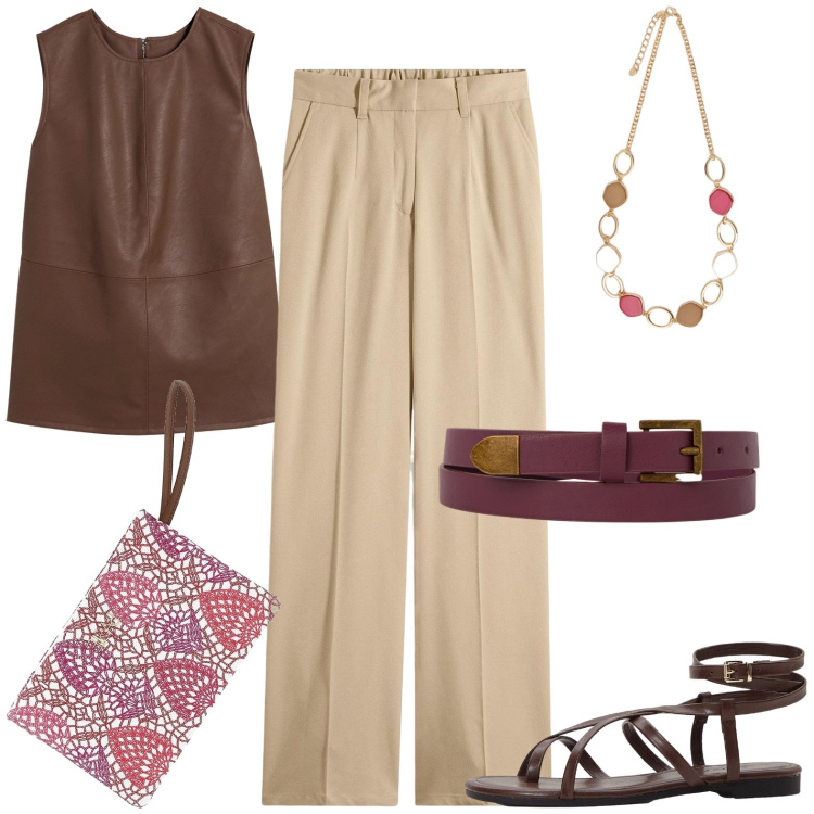 Outfit donna - Total look #2227027. Stile Casual chic per Serata fuori. Abbinamento con top, pantaloni, sandali, pochette, cinture, collane.