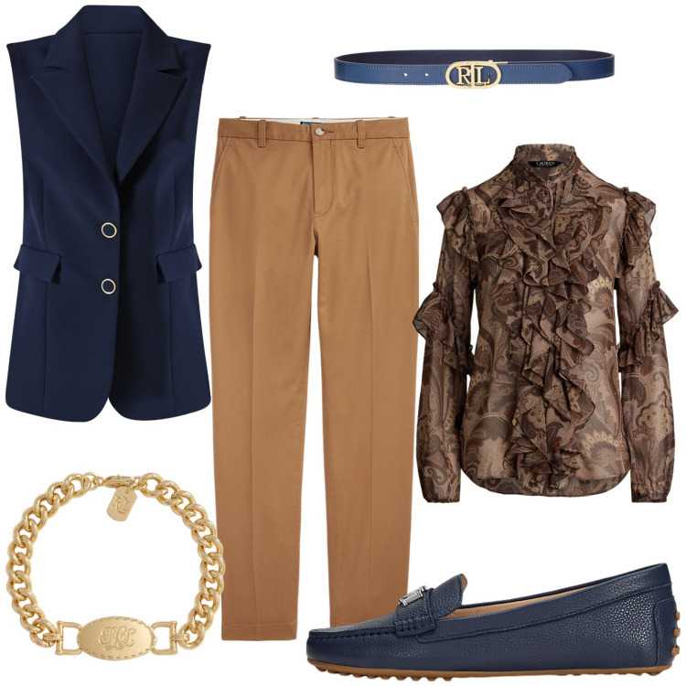 Outfit donna - Total look #2227038. Stile Glamour per Serata fuori. Abbinamento con gilet, cinture, pantaloni chino, mocassini, braccialetti, camicie.