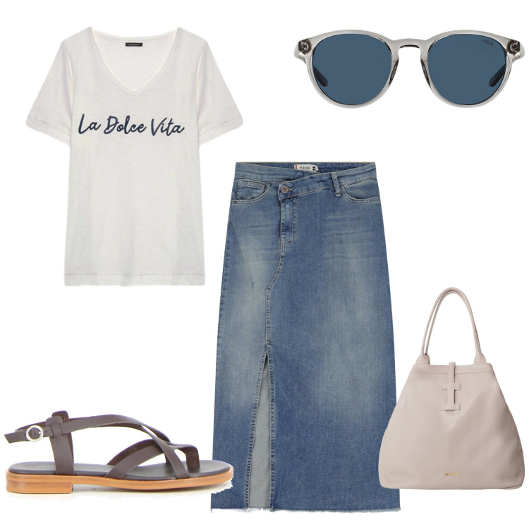 Outfit donna - La gonna denim. Stile Casual per Tutti i giorni. Abbinamento con gonne longuette, borse tote, occhiali da sole, t-shirt, sandali.
