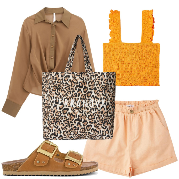 Outfit donna - Tonalità di pesca. Stile Glamour per Tutti i giorni. Abbinamento con top, pantaloni corti, borse tote, camicie, sandali.