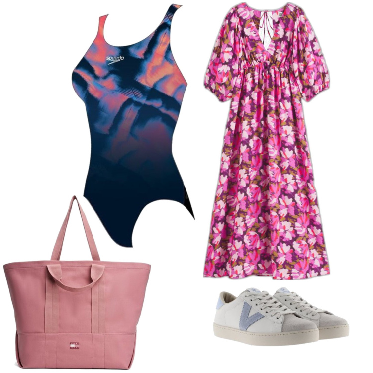 Outfit mujer - Playa. Estilo Glamour para Mar. Combinación con sneakers, vestidos largos, bañadores, bolso tote.