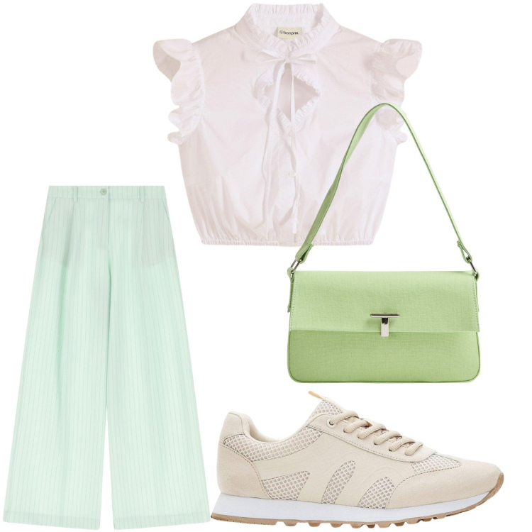 Outfit donna - Perfetta per una passeggiata. Stile Minimal per Tutti i giorni. Abbinamento con sneakers, camicie, borse a spalla, pantaloni a palazzo.
