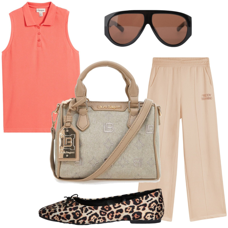 Outfit donna - Ballerine animalier. Stile Minimal per Ufficio. Abbinamento con top, ballerine, occhiali da sole, pantaloni, borse a tracolla.