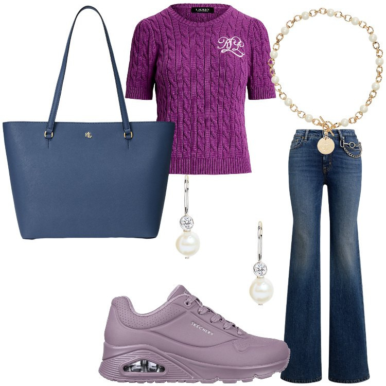 Outfit donna - Denim forever. Abbinamento con jeans dritti, borse tote, collane, t-shirt, orecchini, scarpe stringate.