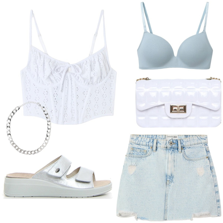 Outfit donna - Idea abiti. Stile Casual chic per Serata fuori. Abbinamento con reggiseni, top, minigonne, collane, borse a tracolla, ciabatte.