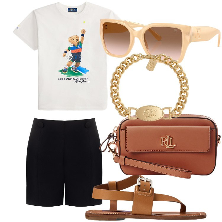 Outfit donna - La semplicità di una T shirt. Abbinamento con shorts, pochette, occhiali da sole, sandali in pelle, braccialetti, t-shirt.