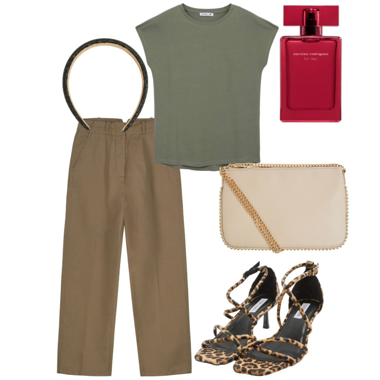 Outfit donna - Agosto. Stile Casual per Tutti i giorni. Abbinamento con profumi, t-shirt, sandali col tacco, borse a tracolla, cerchietti, pantaloni.