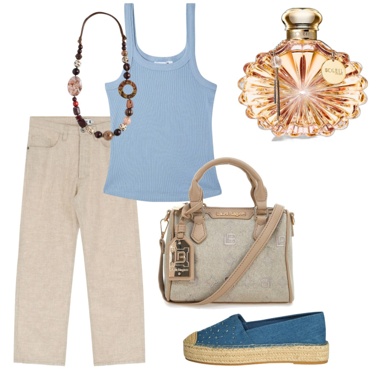 Outfit donna - Agosto. Stile Casual per Tutti i giorni. Abbinamento con profumi, espadrillas, canottiere, pantaloni, borse a tracolla, collane.