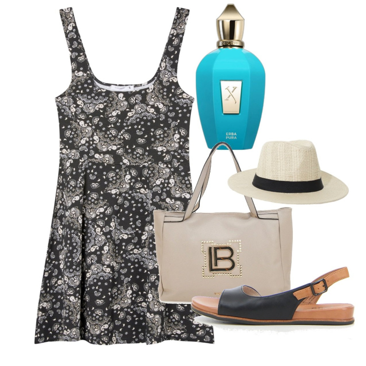 Outfit donna - Agosto. Stile Bon Ton per Tutti i giorni. Abbinamento con profumi, vestiti corti, cappelli, sandali, borse a spalla.