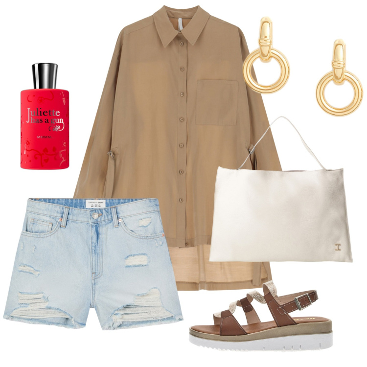 Outfit donna - Agosto. Stile Casual per Tutti i giorni. Abbinamento con profumi, shorts, camicie, borse a spalla, orecchini, sandali col tacco.