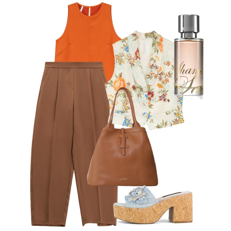 Outfit donna - Agosto. Stile Bon Ton per Tutti i giorni. Abbinamento con profumi, pantaloni, top, gilet, borse tote, sandali.