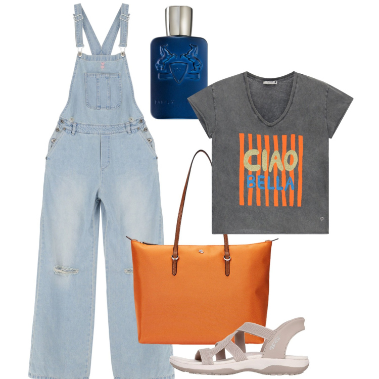 Outfit donna - Agosto. Stile Casual per Tutti i giorni. Abbinamento con profumi, salopette, t-shirt, borse tote, sandali col tacco.