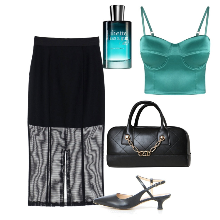 Outfit donna - Agosto. Stile Chic per Serata fuori. Abbinamento con canottiere, borse a mano, profumi, gonne, décolleté.