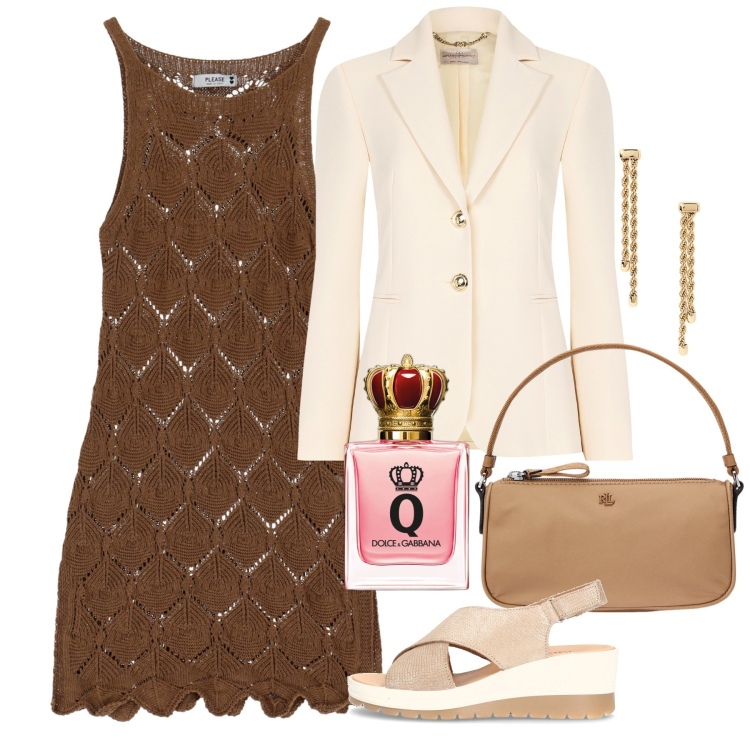 Outfit donna - L\'abito e la giacca. Stile Chic per Tutti i giorni. Abbinamento con profumi, blazer, vestiti corti, pochette, orecchini, sandali col tacco.