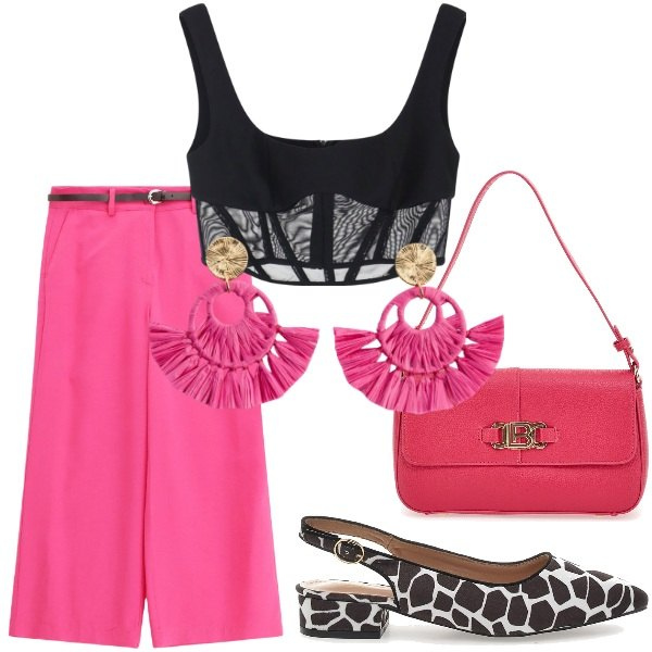Outfit donna - Compleanno tra amici. Stile Casual per Serata fuori. Abbinamento con orecchini, pantaloni, top, borse a spalla, ballerine.