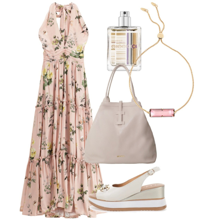 Outfit donna - Agosto. Stile Romantica per Tutti i giorni. Abbinamento con profumi, vestiti lunghi, borse tote, braccialetti, sandali in pelle.
