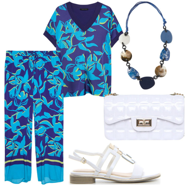 Outfit donna - Coordinato fluido. Stile Etnico per Serata fuori. Abbinamento con borse a tracolla, bluse, pantaloni a palazzo, collane, sandali.
