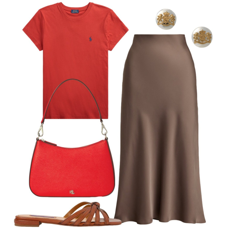 Outfit donna - Chic in tshirt. Stile Casual chic per Tutti i giorni. Abbinamento con t-shirt, orecchini, borse a spalla, gonne, sandali in pelle.