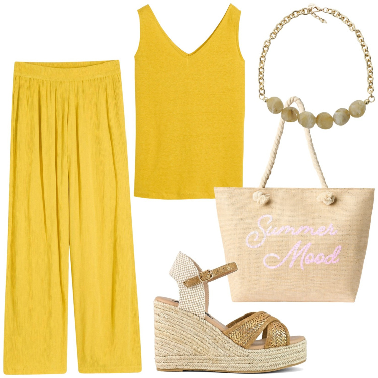 Outfit donna - Solare. Stile Basic per Tutti i giorni. Abbinamento con canottiere, pantaloni, borse tote, collane, zeppe.