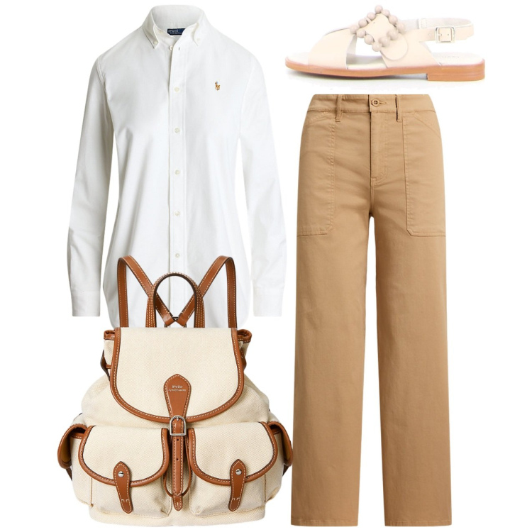 Outfit donna - Per le vie della città. Stile Casual per Tutti i giorni. Abbinamento con camicie, zaini, pantaloni, sandali.