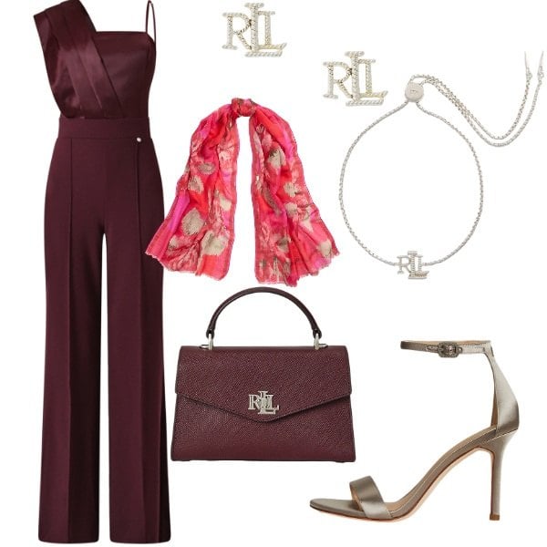 Outfit donna - Matrimonio in vista. Stile Glamour per Cerimonia. Abbinamento con tute, sandali col tacco, orecchini, borse a mano, sciarpe, braccialetti.