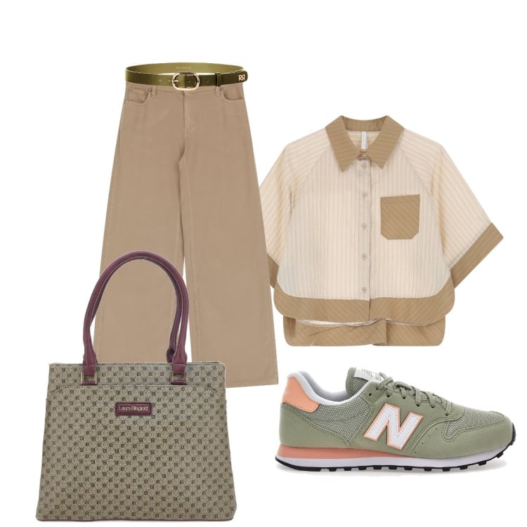 Outfit donna - In città. Stile Casual chic per Tutti i giorni. Abbinamento con cinture, pantaloni, camicie a manica corta, sneakers, borse a spalla.