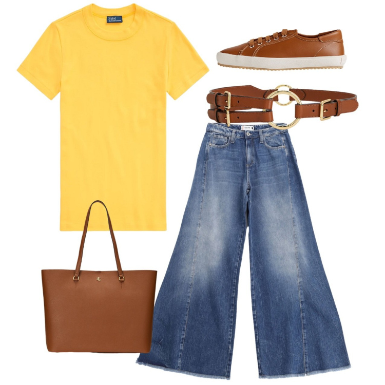 Outfit donna - I jeans esagerati. Stile Casual per Tutti i giorni. Abbinamento con jeans a zampa, sneakers, borse tote, t-shirt, cinture.