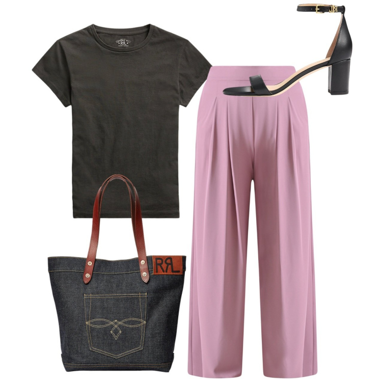 Outfit donna - In ufficio in tshirt. Stile Bon Ton per Ufficio. Abbinamento con pantaloni a palazzo, borse tote, sandali in pelle, t-shirt.