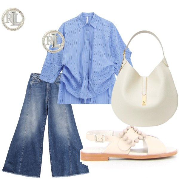 Outfit donna - Serata tra amici. Stile Casual chic per Tutti i giorni. Abbinamento con jeans a zampa, camicie, borse a spalla, orecchini, sandali.