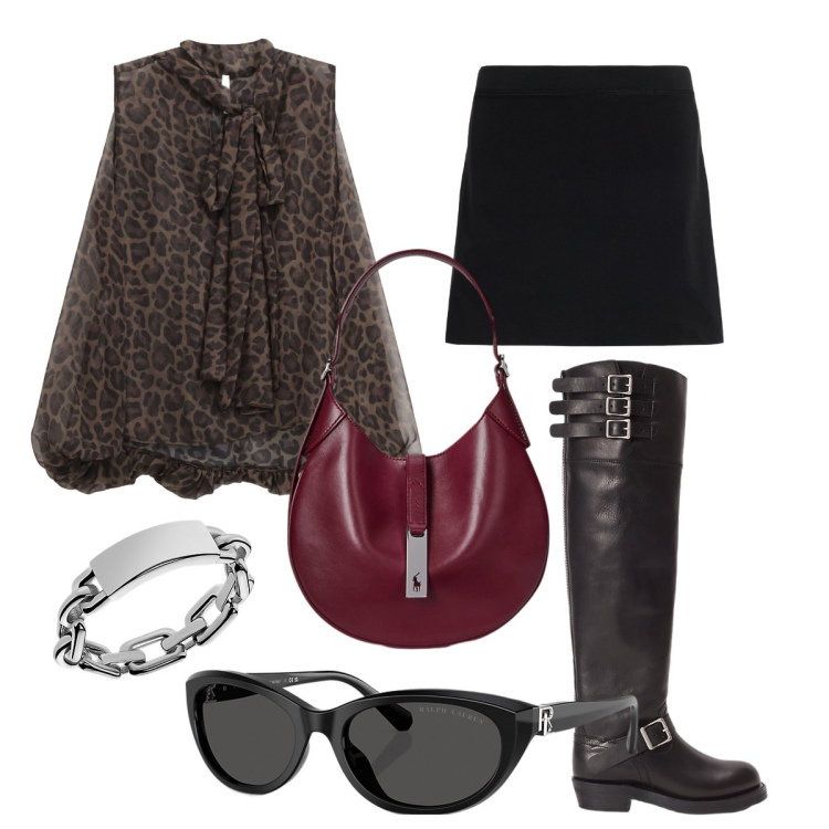 Outfit donna - Grrrrrr. Stile Glamour per Serata fuori. Abbinamento con camicie, anelli, occhiali da sole, borse a spalla, minigonne, stivali.